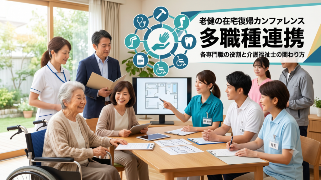 介護老人保健施設（老健）の在宅復帰カンファレンスで、作業療法士や看護師、介護福祉士などの専門職が多職種連携の話し合いをしている様子