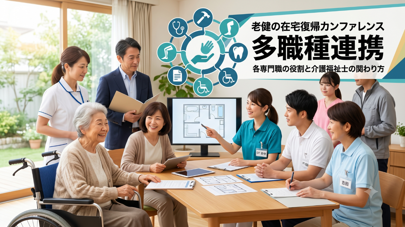 介護老人保健施設(老健)の在宅復帰カンファレンスで、作業療法士や看護師、介護福祉士などの専門職が多職種連携の話し合いをしている様子
